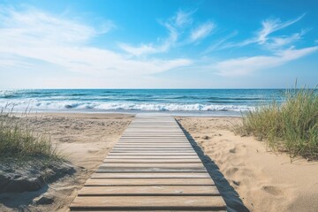 Serene pathway leads to the tranquil ocean on a sunny day at the beach