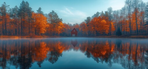 Autumnal Serenity: Red Barn Reflecting on a Calm Lake