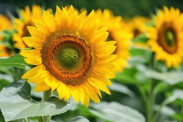 Obraz premium Sunflowers blooming in a vibrant field during summer sunlight in the countryside