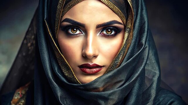 Portrait of a beautiful arabic woman with make up in a dark veil or hijab