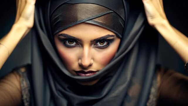 Portrait of a beautiful arabic woman with make up in a dark veil or hijab