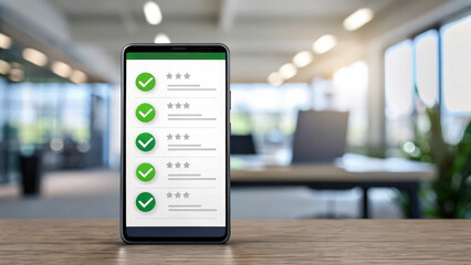 A smartphone displaying a completed checklist with green checkmarks, set against a modern office background.