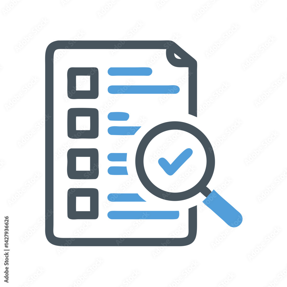 Poster completed checklist with magnifying glass: verification, validation, and task management