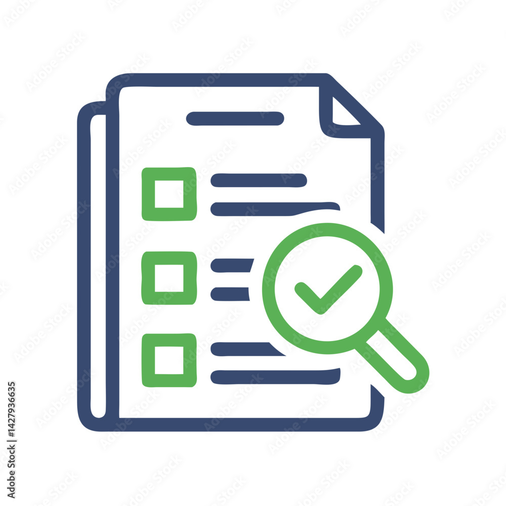 Poster checklist and magnifying glass icon: task completion and verification concept