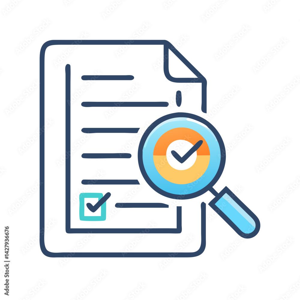 Poster document check with magnifying glass: verification, analysis, and approval icon
