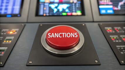 A large red button labeled "SANCTIONS" is prominently displayed against a backdrop of digital screens showing data and graphs.