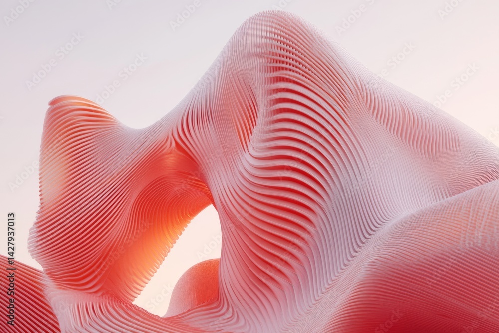 Poster abstract, organic architecture with flowing, layered forms. soft coral and white hues create a dynam