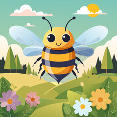 Illustration of Cheerful cartoon bee flying over a lush meadow with flowers, trees, and a bright sun.