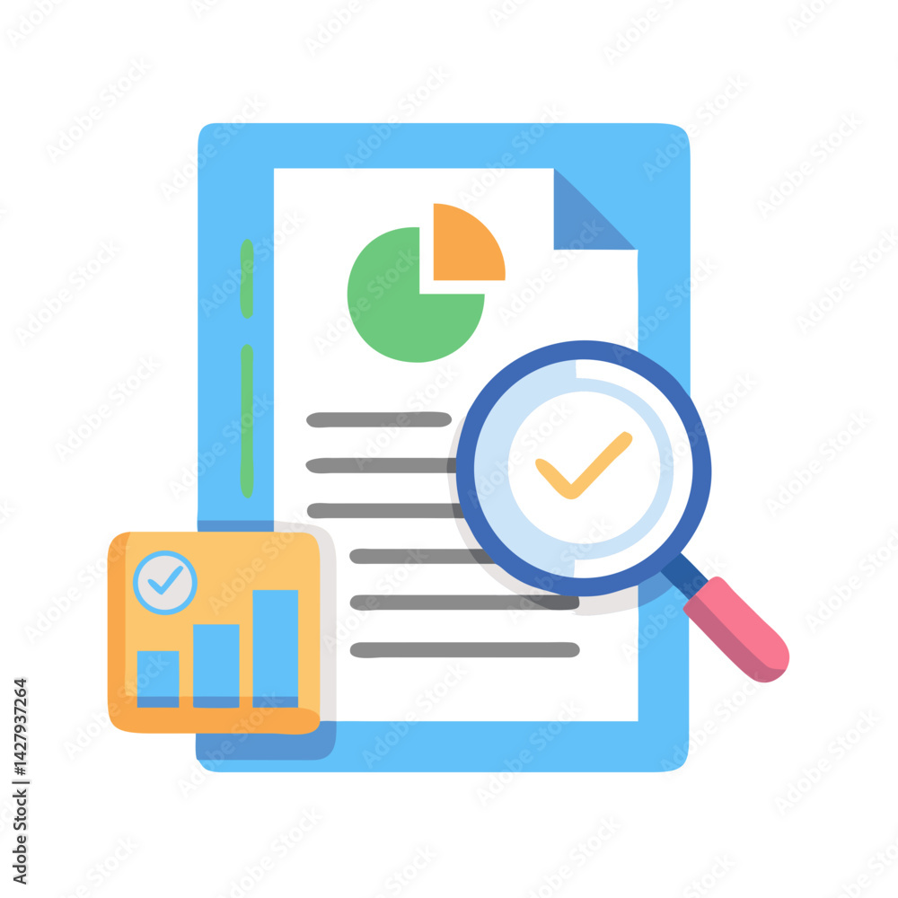 Poster data analysis and verification icon: magnifying glass, charts, and graphs