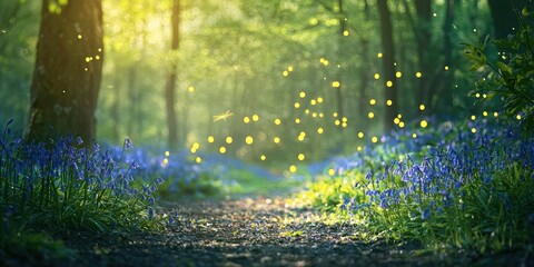 Fototapeta premium A magical forest clearing, filled with glowing fireflies and blooming bluebells.