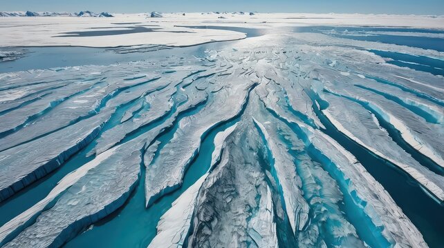 Aerial view of a glacier with melting ice creating turquoise rivers flowing through the icy landscape - Powered by Adobe