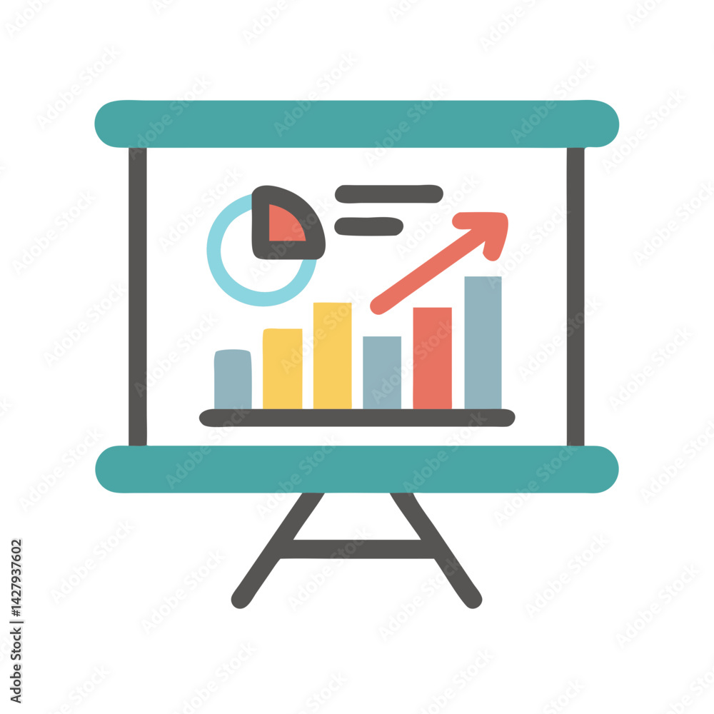 Poster presentation board with chart, pie chart and upward arrow representing growth