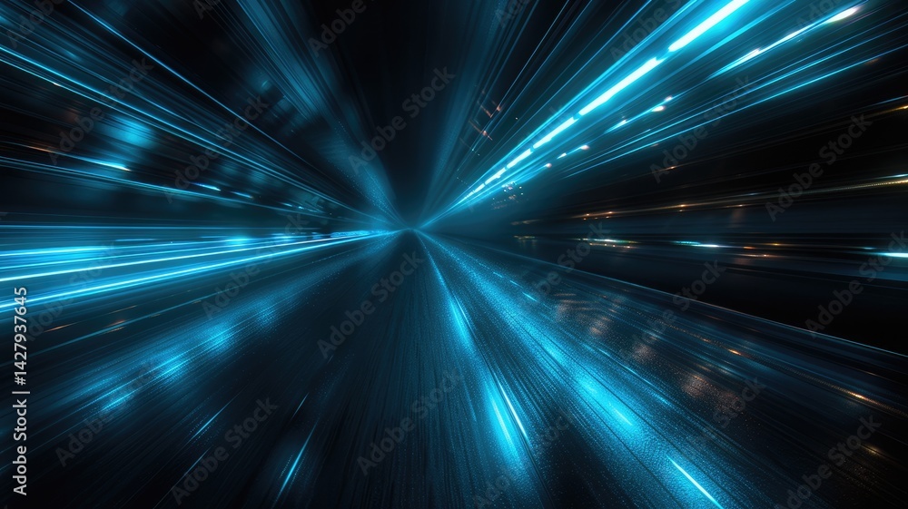 Poster an abstract depiction of vibrant blue light trails cutting through a dark background, creating a sen