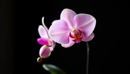 Fototapeta premium Elegant pink orchid blossoms against a sleek dark backdrop, captivating floral arrangement