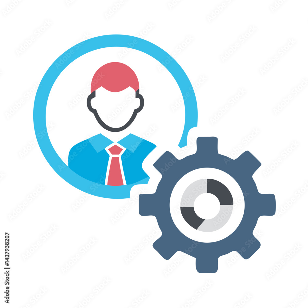Poster user settings and configuration: user profile with gear mechanism illustration
