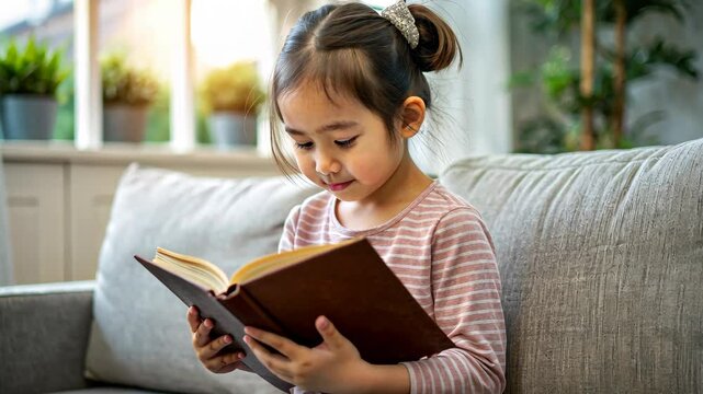 Cute child girl siiting pn the sofa and reading bible book worship at home	
