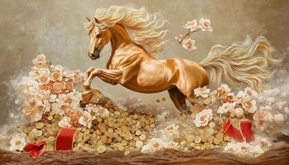 Golden Horse on Gold Coins, Flowers - Year of the Horse Prosperity Art