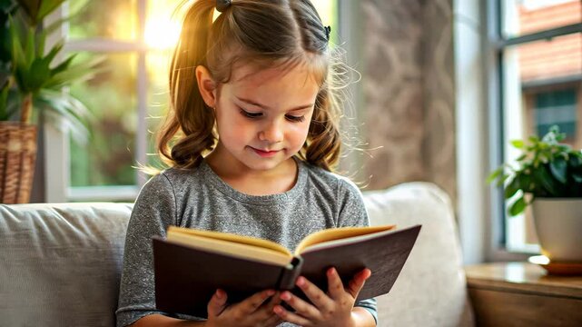 Cute child girl siiting pn the sofa and reading bible book worship at home	

