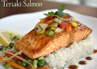 Grilled salmon on bed of rice, topped with vegetables, lemon wedge, and drizzle of sauce.