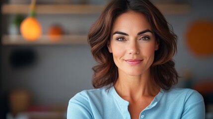 Woman with brown hair and blue shirt is smiling. She is looking at the camera. The room has a wooden shelf and a potted plant