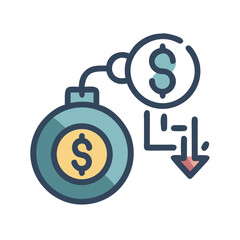 Economic Downturn: Moneybag and Coin Linked with Decreasing Arrow Illustration