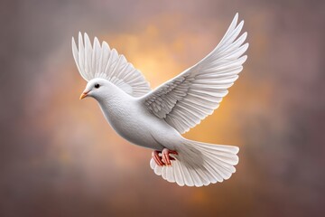 Obraz premium Hyper realistic photo of a white dove in flight with wings illuminated by golden sunlight and clouds parting above