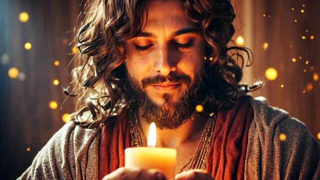 Resurrected Jesus Christ holding burning candle in his hand, candlestick and candle light, faith and religion concept
