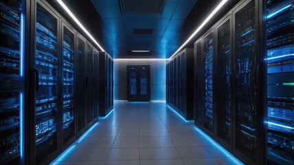 A long corridor filled with server racks illuminated with blue lights in a data center environment space