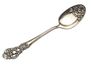 Antique Silver Spoon with Ornate Floral Detail, PNG