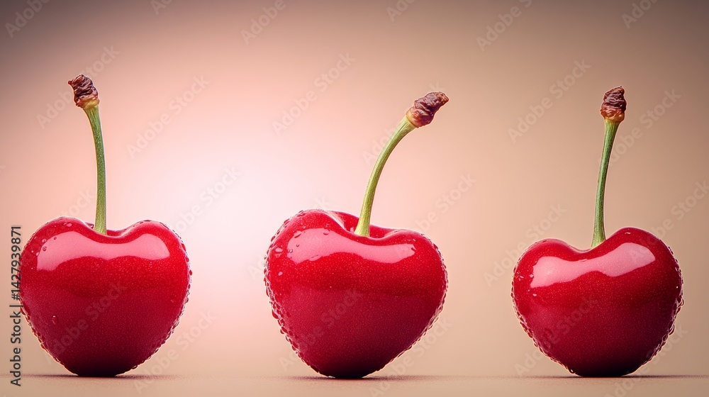 Poster three cherries are shown in a row, with one of them being slightly larger than the other two. the ch