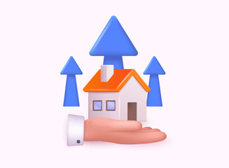 Housing price rising up, real estate investment or property growth concept. Arrow chart rising house prices. 3D Web Vector Illustrations.