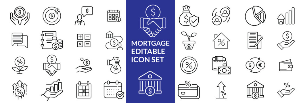loan line icons. Mortgage, credit, debt, tax etc. Editable stroke Mortgage icon set .