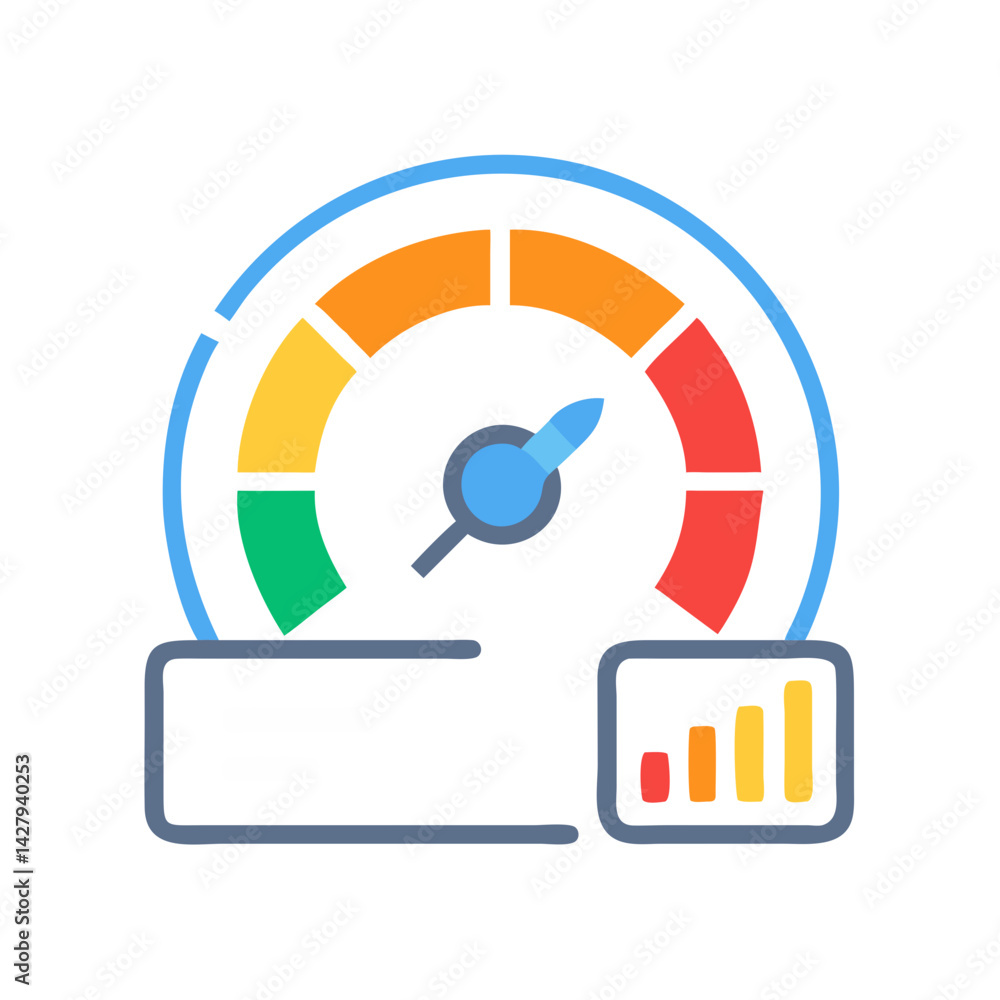 Poster dashboard performance indicator with speedometer and data charts icon on black