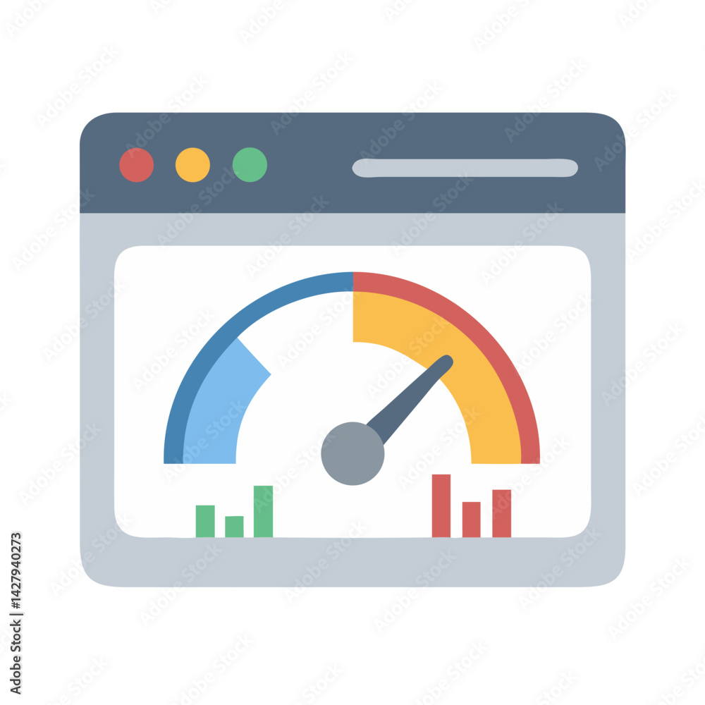 Poster website speed optimization dashboard with performance gauge and bar graphs icon