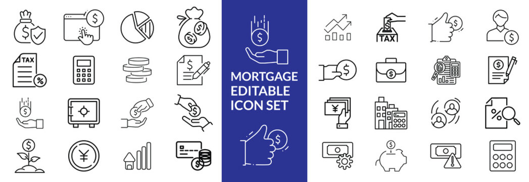 loan line icons. Mortgage, credit, debt, tax etc. Editable stroke Mortgage icon set .