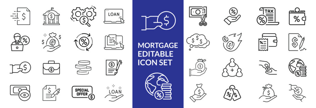 loan line icons. Mortgage, credit, debt, tax etc. Editable stroke Mortgage icon set .