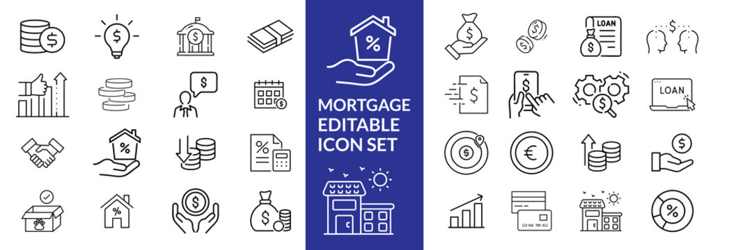 loan line icons. Mortgage, credit, debt, tax etc. Editable stroke Mortgage icon set .