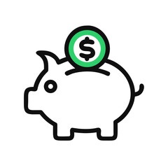 Piggy Bank with Green Coin, Savings and Financial Concept Icon