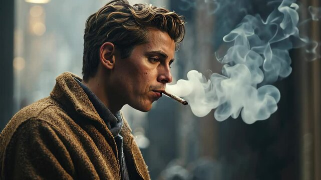 Close up portrait of handsome brutal man smoking a cigarette against blurred background. Smoke concept