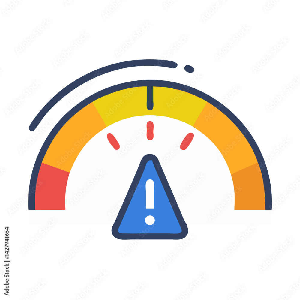 Poster alert speedometer warning: overloaded performance indicator with exclamation point
