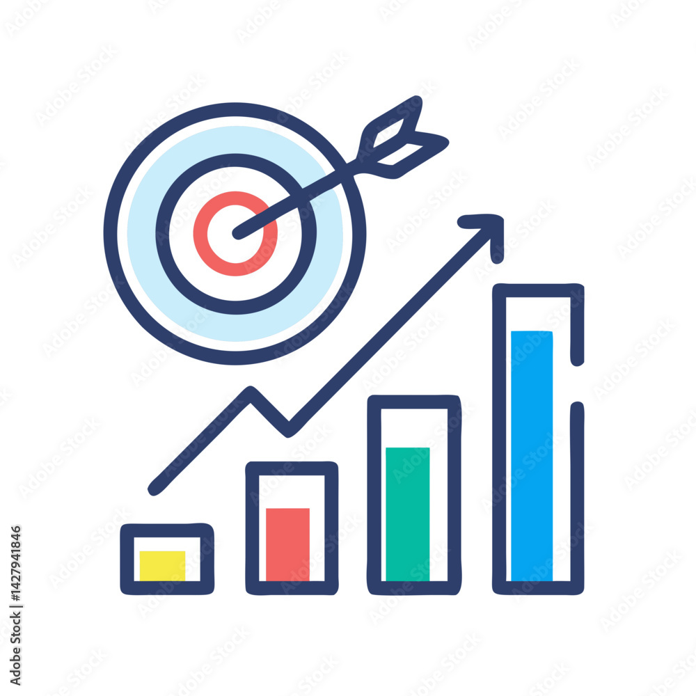 Poster colorful target with arrow and growing bar graph on black background