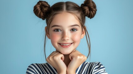 Smiling girl with pigtails, studio portrait, light blue backdrop