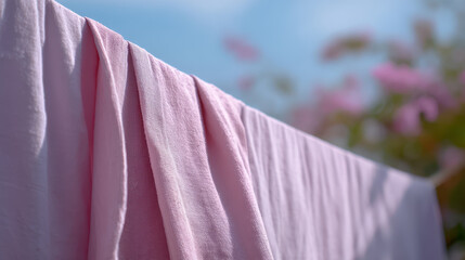Pink fabric drying on clothesline under clear blue sky
