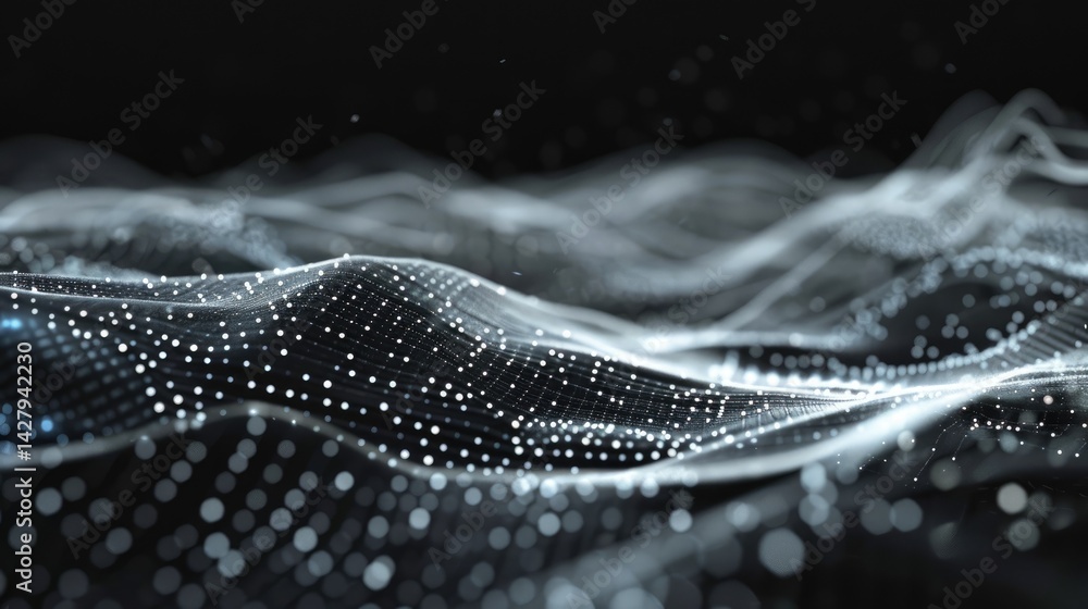 Poster this abstract image features a futuristic crystal grid with white particles on a pitch black backgro