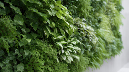 Lush vertical garden with various green plants indoors