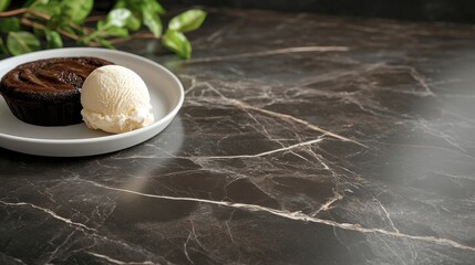 Decadent Chocolate Lava Cake with Vanilla Ice Cream on Dark Marble