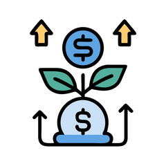 Financial Growth Illustration with Coins, Leaves, and Upward Arrows on Black Background