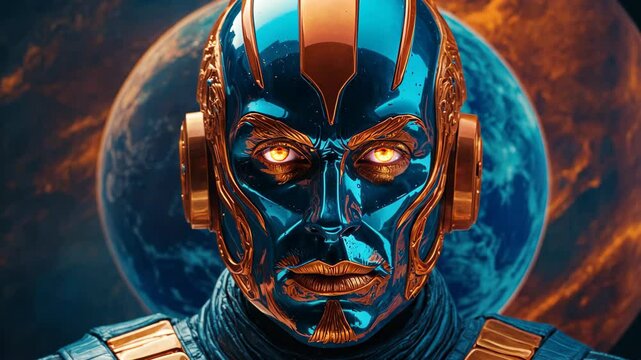Futuristic man in fantasy surreal style on a unknown planet in orange and blue colors	
