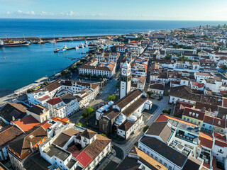 Obraz premium Residential district of Ponta Delgada with red rooftops, greenery, and scenic hills in the background