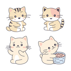Set of Cute Orange Kitten Little Cat Pet Animal Cartoon Character is Eating